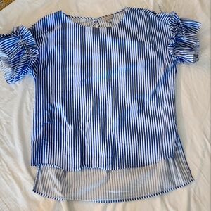 Top with blue stripes and ruffle sleeves.